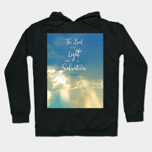 Psalm 27:1 The LORD is my Light and my Salvation - Bible Verse Scripture with Glorious Sunlight Rays and Clouds Hoodie